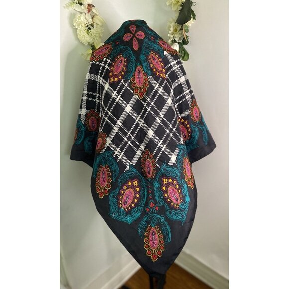 Vintage 1970s Square Diane von Furstenberg Silk Scarf Vibrant Black Multi 42" - Picture 14 of 16